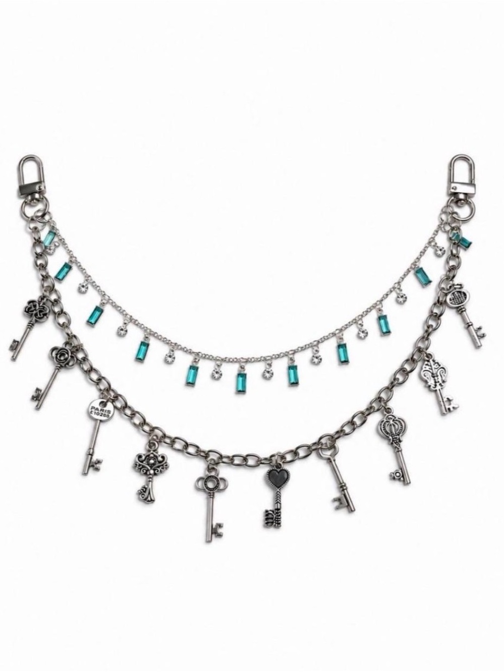 Silver Key & Teal Crystal Bag Necklace / Purse Charm